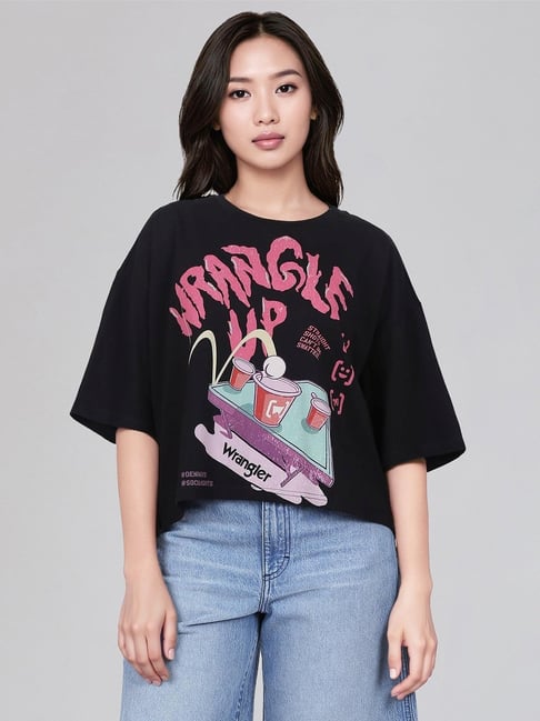 Wrangler Black Cotton Loose Fit Printed T-Shirt-picture-21