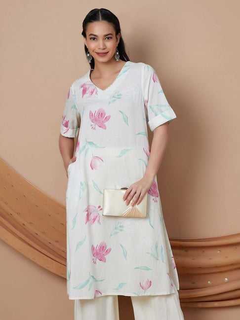 Melange By Lifestyle Off White Regular Fit Floral Print Kurtas-picture-17