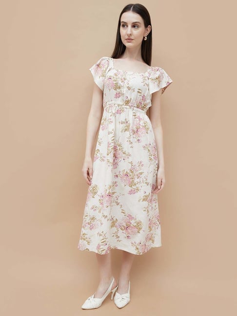 Code By Lifestyle Beige Cotton Regular Fit Printed Dress-picture-38