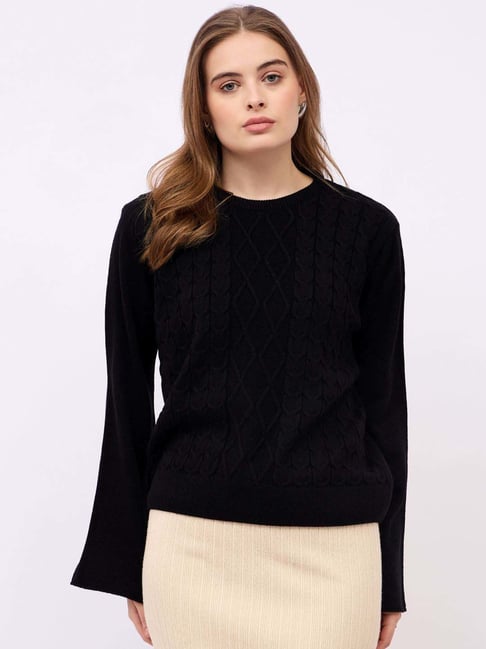Styli Black Regular Fit Self Pattern Sweater