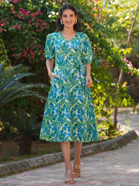 Janasya Blue Printed Casual Dress