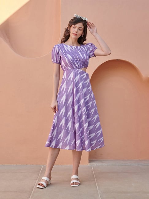 Pasha India Purple Ikat Printed Flaired Fit Side Cut Midi Dress