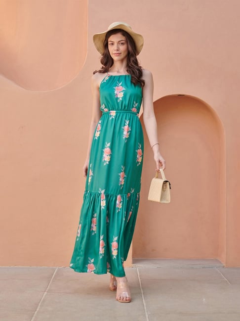 Pasha India Jade Green Floral Tiered Fit Satin Maxi Dress