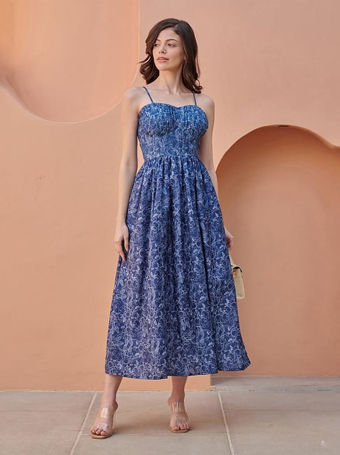 Pasha India Twilight Blue Printed Regular Fit Corset Midi Dress