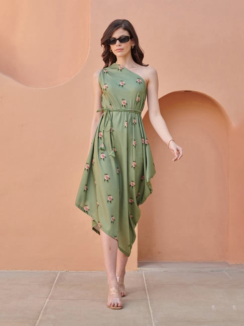 Pasha India Seafoam Green Floral Regular Fit One-shoulder Midi Dress