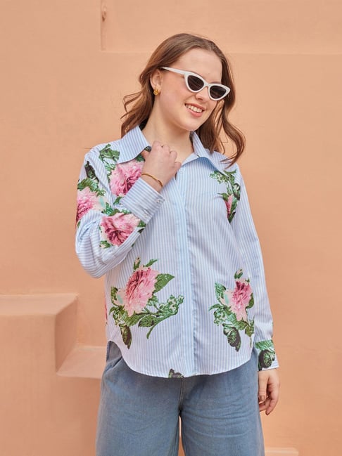Pasha India Blue Floral Striped Over Sized Shirt-picture-13