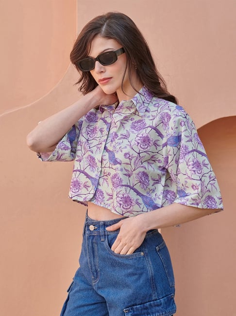 Pasha India Purple Floral Over Sized Cropped Shirt