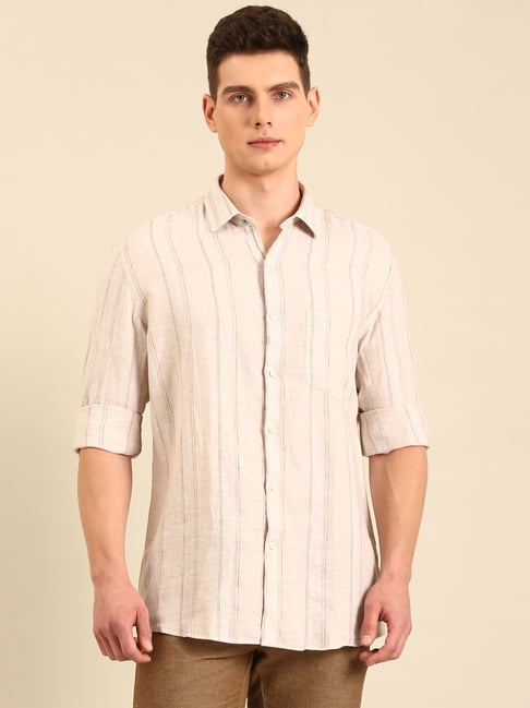 Linen Club Beige Linen Slim Fit Casual Shirt-picture-22