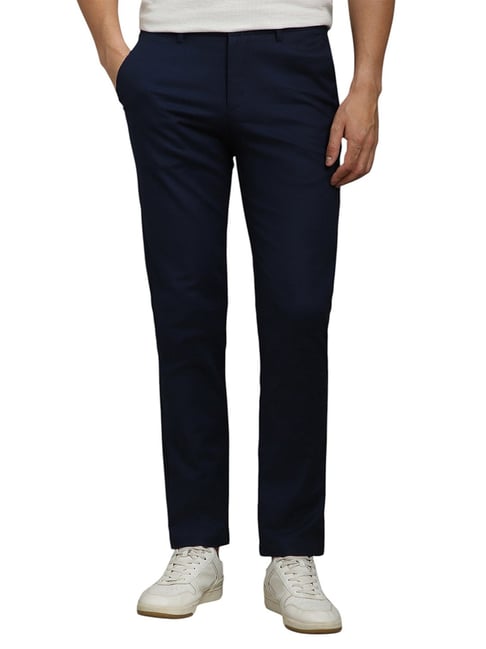 Louis Philippe Navy Cotton Slim fit Solid Trousers-picture-40