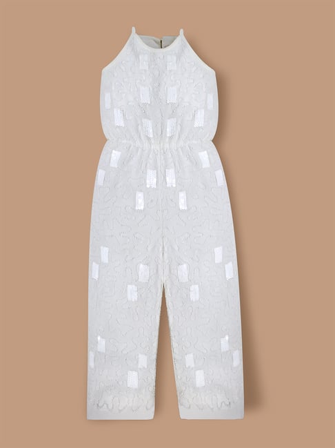 Cherry Crumble By Nitt Hyman Girls White Loose Fit Self Jumpsuit