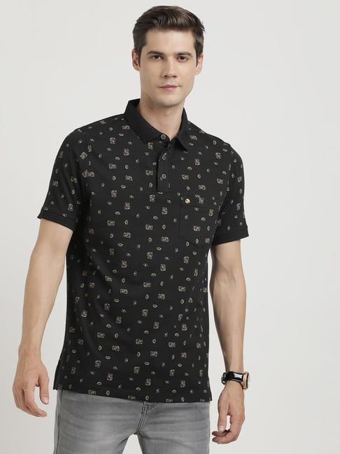 Turtle Black Knitted Slim Fit Printed Polo T-Shirt