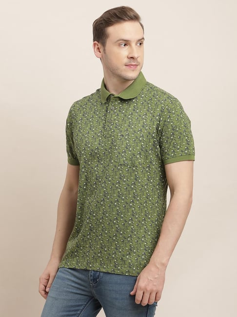 Turtle Green Slim Fit Printed Polo T-Shirt