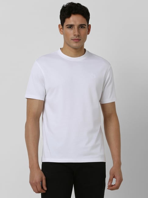 White Tee Crew Neck Peter England White Cotton Regular Fit Solid T