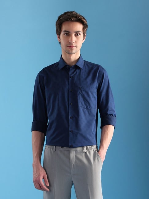 Arrow Blue Cotton Regular Fit Self Pattern Shirt-picture-31