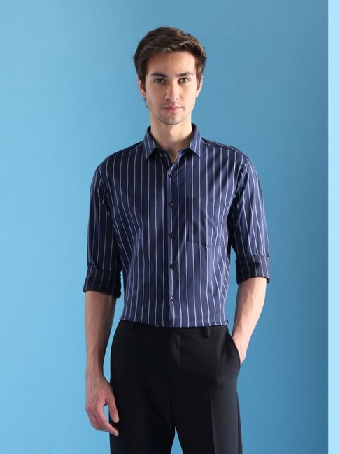 Arrow Blue Cotton Regular Fit Striped Shirt-picture-40