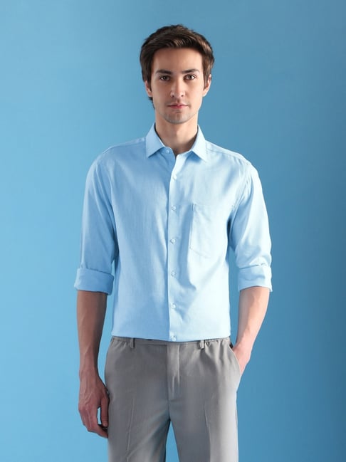 Arrow Blue Cotton Regular Fit Self Pattern Shirt-picture-24