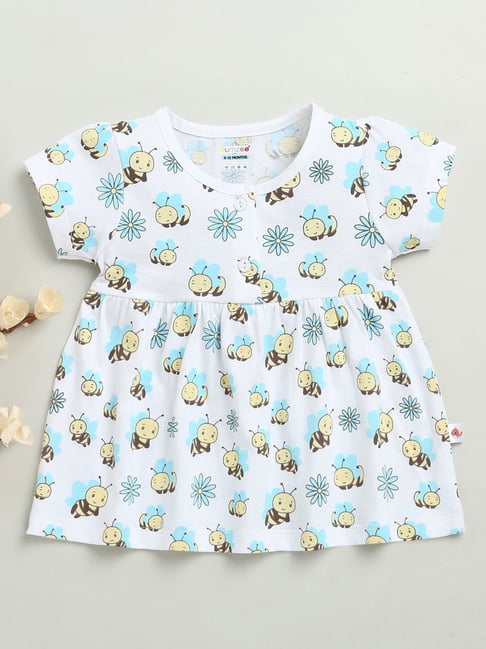 Bumzee White Cotton Printed Frock for Girls
