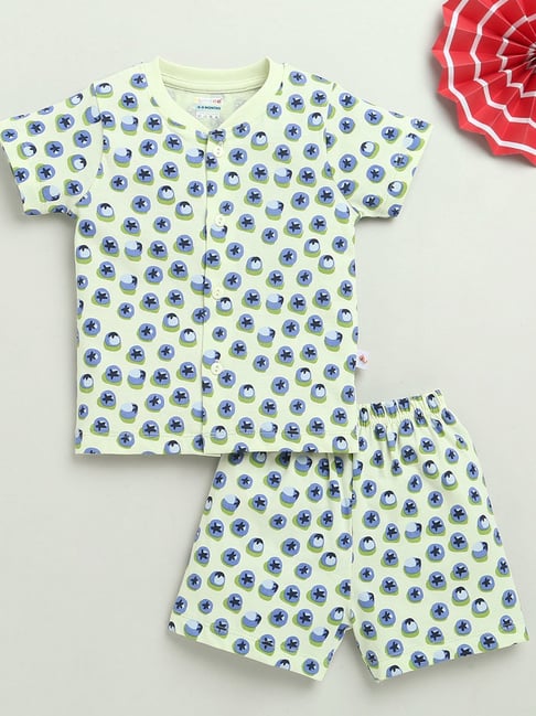 Bumzee Green Cotton Graphic Jhabla With Short for Girls