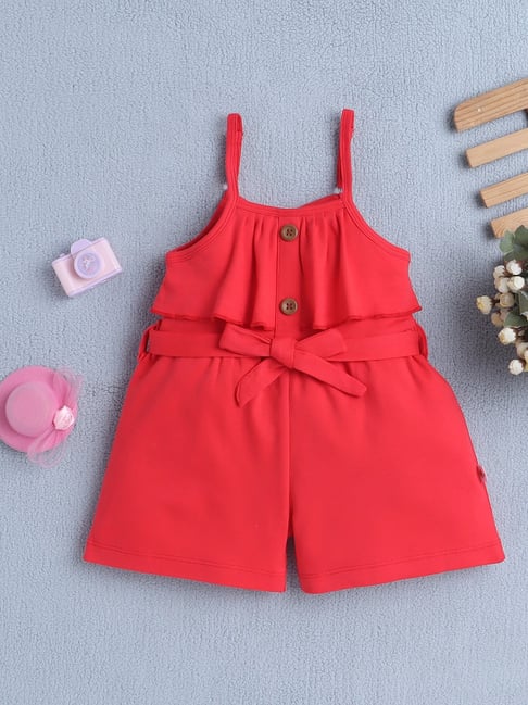 Bumzee Red Cotton Solid Jumpsuit With Belt for Girls