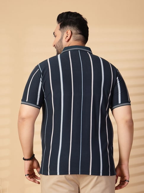 Melon by PlusS Navy Blue Regular Fit Stripes Polo T-Shirt