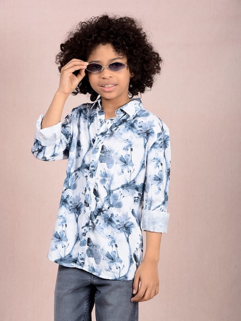 Crimsoune Club Boys Grey Cotton Blend Floral Shirt-picture-38