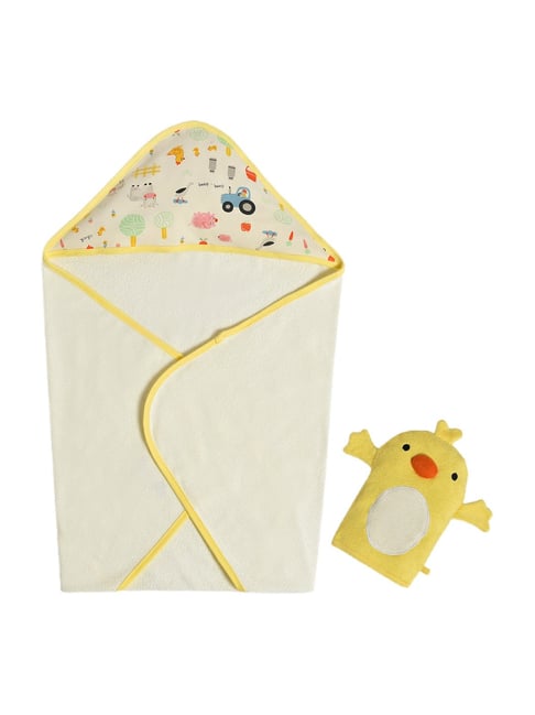 MiArcus Yellow Cotton Blend Printed Soft Hooded Towel with Mitt (0-12 Months)