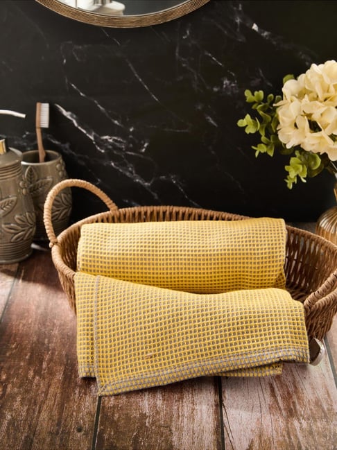 Fabindia Standalone Yellow & Grey Woven Cotton Honeycomb Reversible Towel (Medium)-picture-46