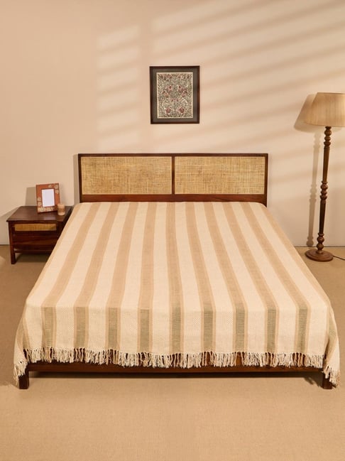 Fabindia Standalone Beige & Off White Cotton Woven Double Bed Cover