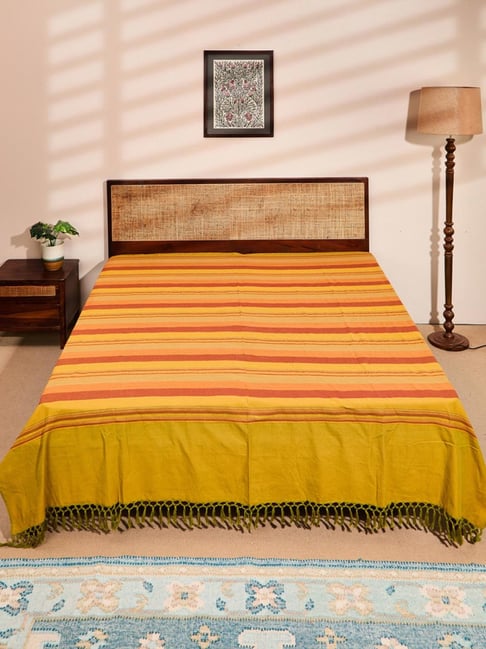 Fabindia Standalone Green & Ochre Cotton Woven Single Bed Cover-picture-35