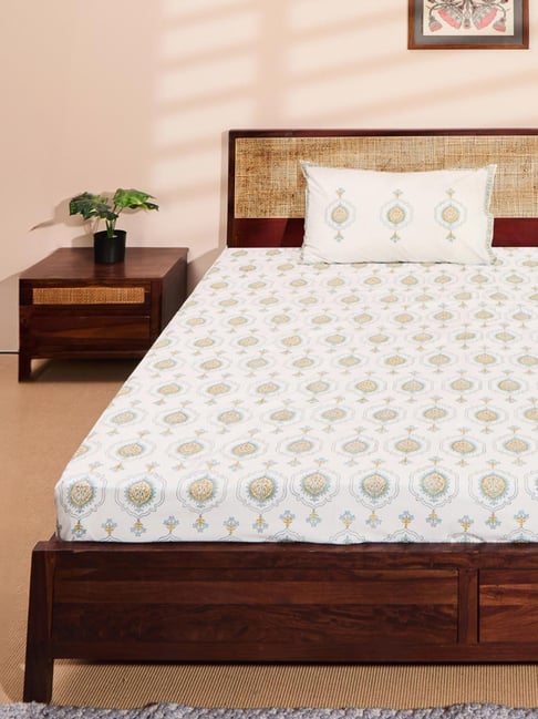 Fabindia Standalone Blue Cotton Printed 180 TC Single Bedsheet with 1 Pillow Cover-picture-12