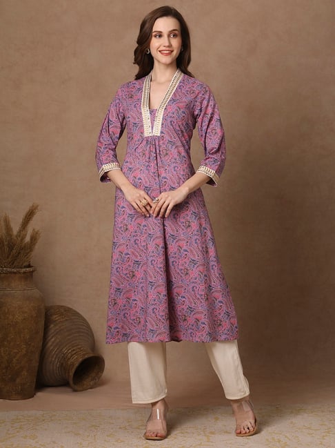 Fashor Purple Cotton Printed Three-Quarter Sleeves Kurta-picture-47