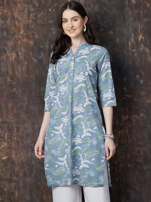 Melange By Lifestyle Blue Cotton Regular Fit Printed Kurta-picture-40