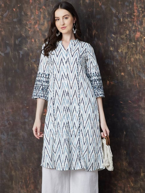 Melange By Lifestyle Blue Cotton Regular Fit Printed Kurta-picture-33