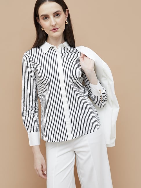 Code By Lifestyle White Cotton Regular Fit Striped Shirt-picture-14