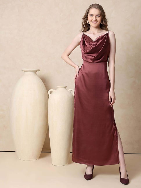 casual dress maroon Elenzga Burgundy Elegant A-Line Women's Wedding Guest Cocktail Midi Square Neck Puff Sleeve Ruffle Hem High Waist Flared Woven Fabric,XS Line Front Slit Maxi Dress available in all sizes Women's Burgundy Dresses | Nordstrom