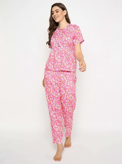 Clovia Pink Regular Fit Floral Print Top & Pyjama Set-picture-44