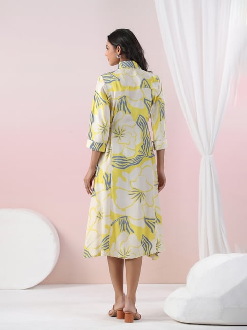 Kaftanize Lemon Bold Flower Comfort Fit Midi Dress