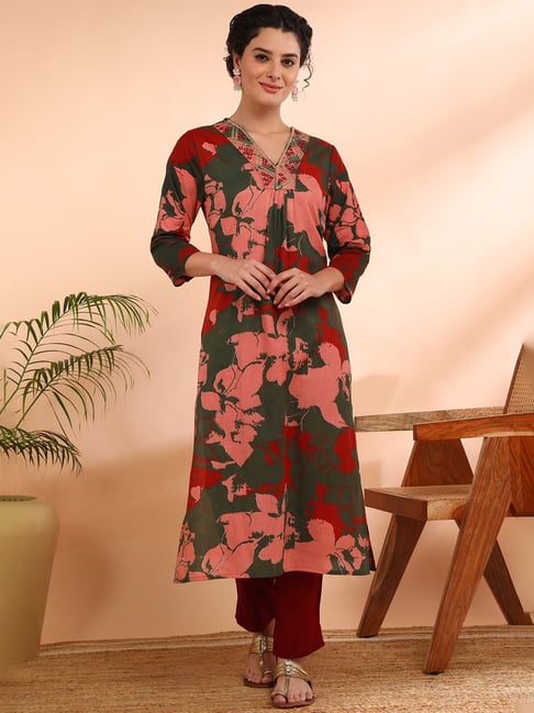 Maaesa Red Cotton Floral Kurta-picture-47