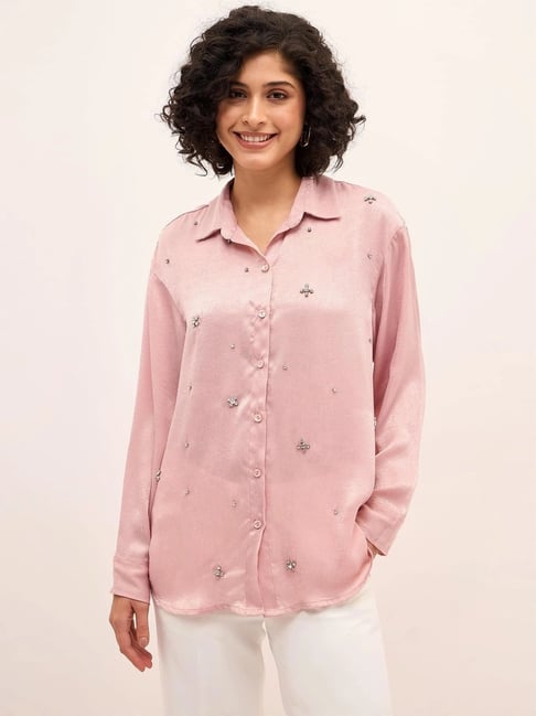 SALT Attire Pink Champagne Night Embellished Button Down Shirt-picture-15