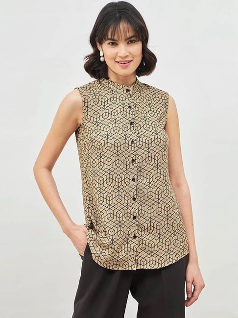 SALT Attire Beige Salient Beige Shirt Geometric Mandarin Collar Shirt-picture-11