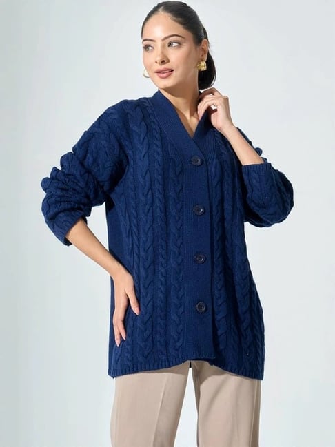 SALT Attire Navy Blue Nordic Cable Knit Cardigan