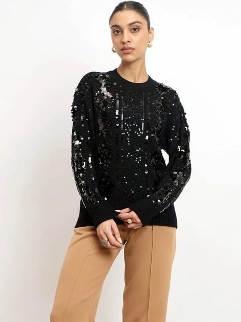 SALT Attire Black Starry Embellished Round Neck Sweater
