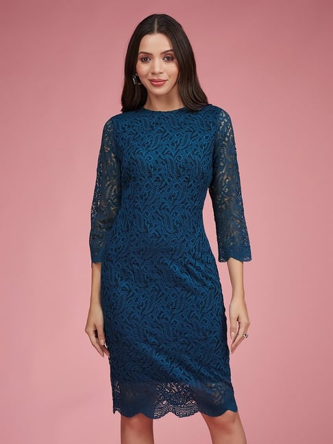 Miss Chase Blue Lace Self Knee Dress