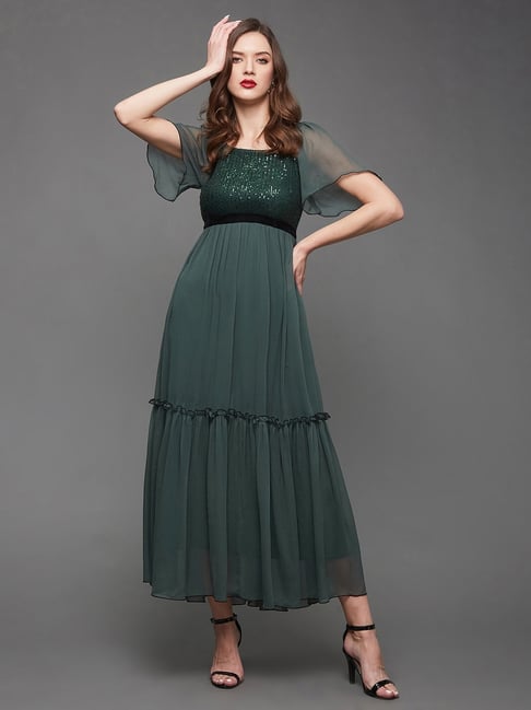 Miss Chase Green Chiffon Embellished Midi Dress