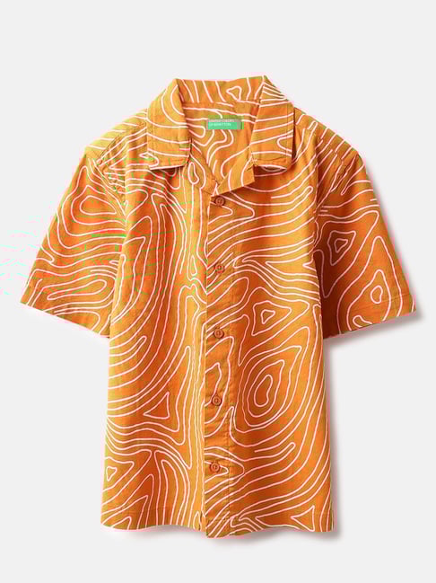 United Colors of Benetton Boys Orange Cotton Abstract Shirt