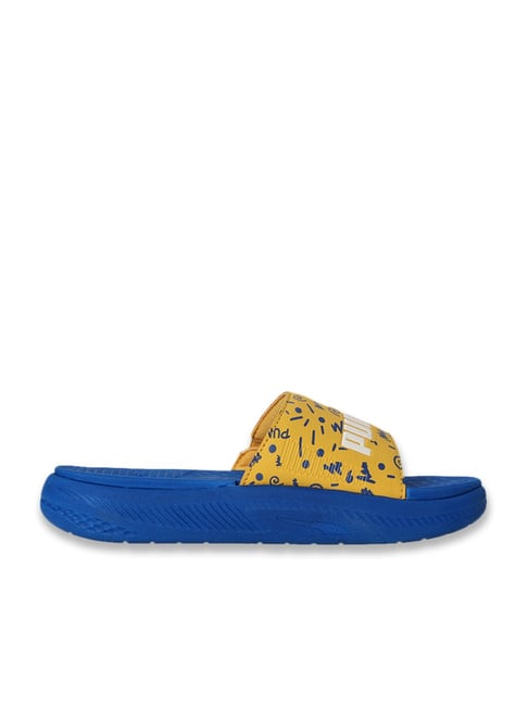 Buy Puma Team Royal, Yellow Sizzle White Softride Youth Slides