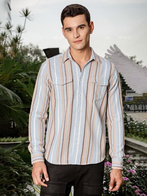 Thomas Scott Sky Blue Cotton Slim Fit Striped Shirt-picture-37