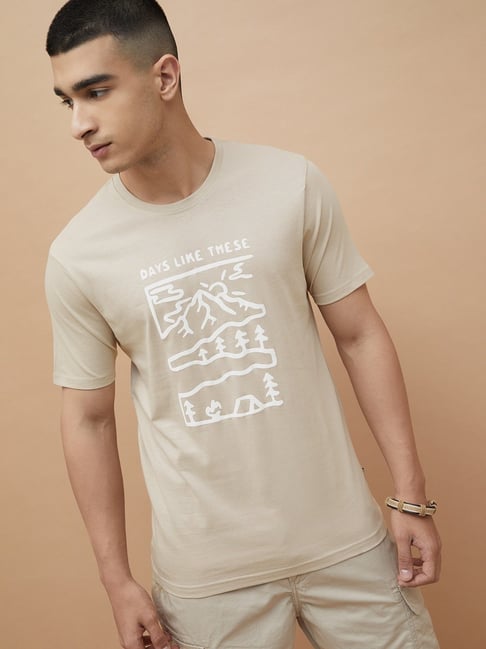 Fame Forever By Lifestyle Beige Regular Fit Printed T-Shirt