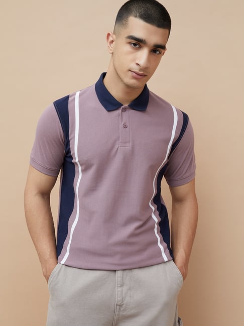 Fame Forever By Lifestyle Purple Regular Fit Striped Polo T-Shirt