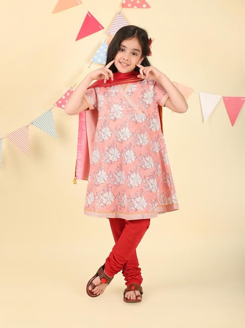 Fabindia Girls Girls Pink Cotton Hand Block Printed 3pc Churidar Set-picture-17